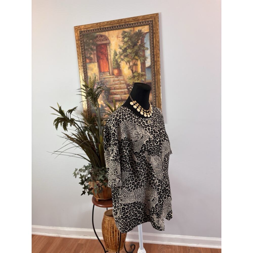 Kathy Che Women Blouse 18 Animal Print Y2K Open Front Hidden Botton Short Sleeve